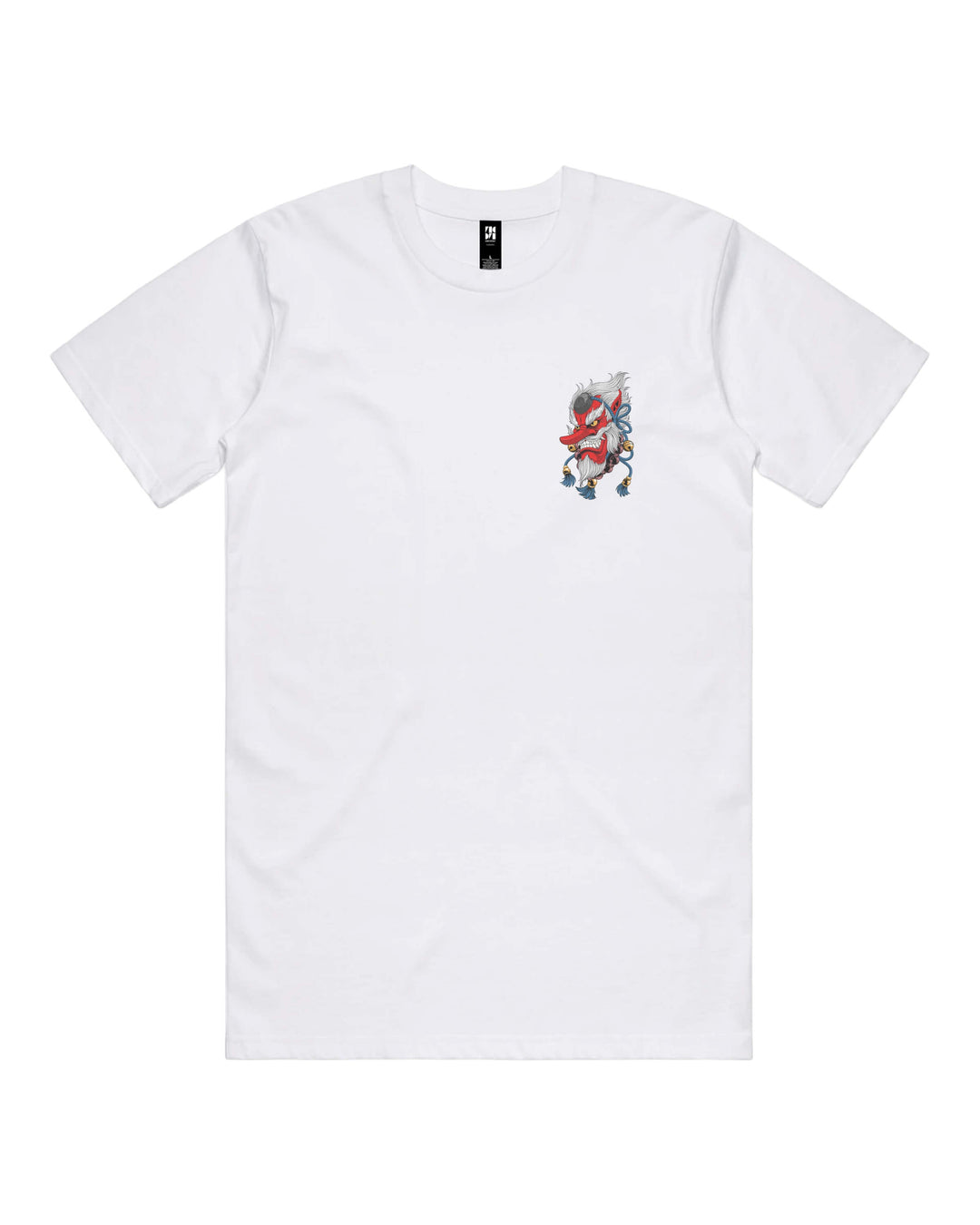 Front view of white regular-fit T-shirt showing Japanese Tengu left-chest print
