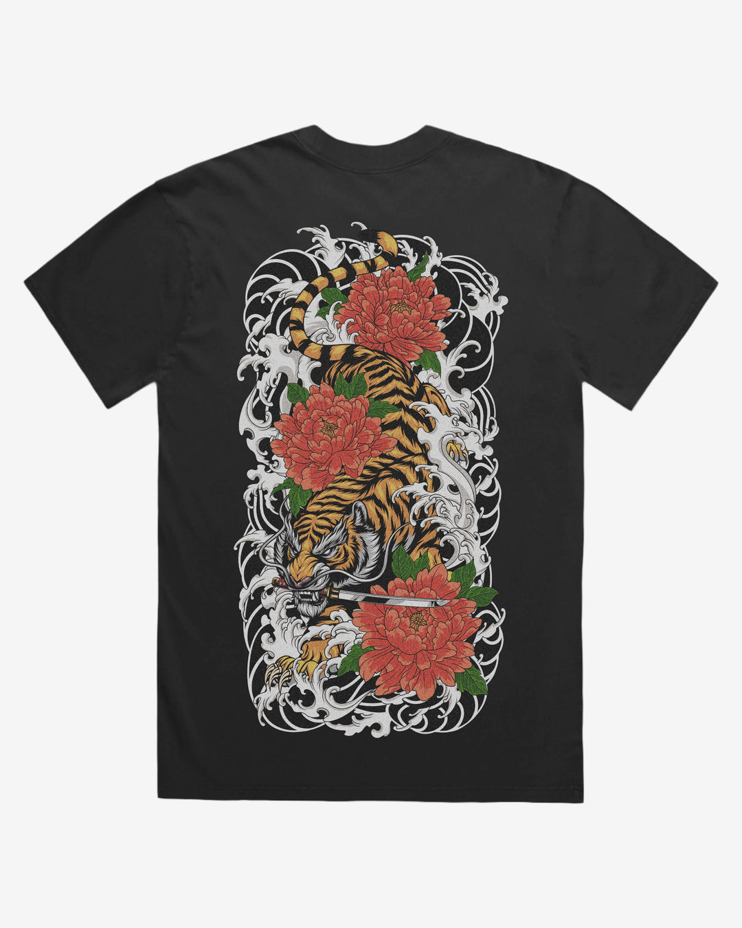 faded black graphic t-shirt with a tiger and floral design on the back against a white background