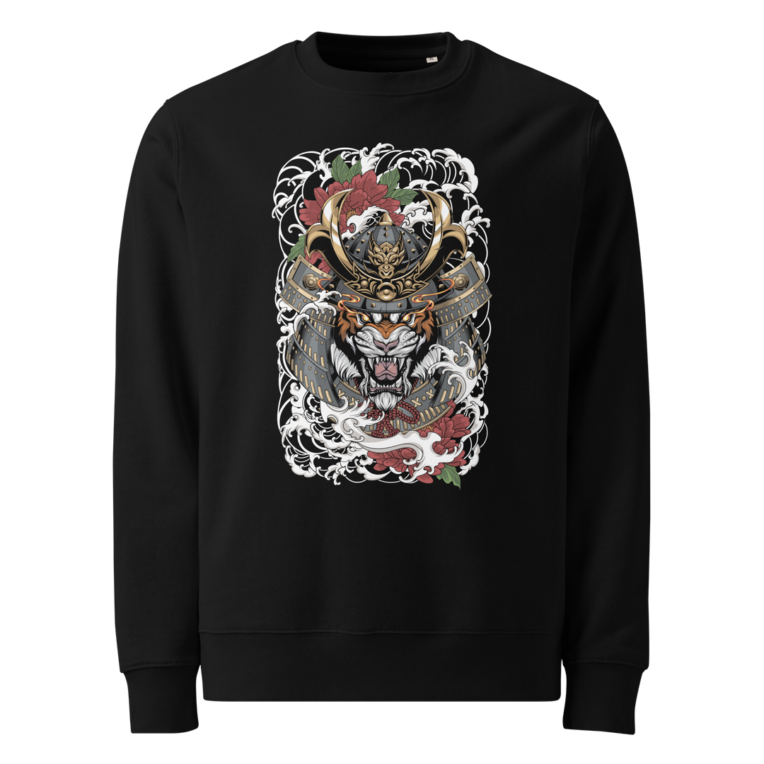 Tiger Ronin Sweatshirt with a large front print of a tiger in samurai armor surrounded by waves and floral elements.