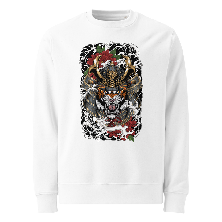 Tiger Ronin White Sweatshirt with a large front print of a tiger in samurai armor surrounded by waves and floral elements.