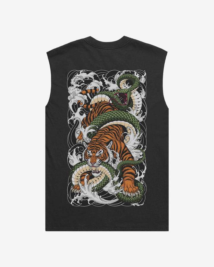 Fangs & Fury Faded Oversized Graphic Tank Top With Large Tattoo Inspired Graphic Print