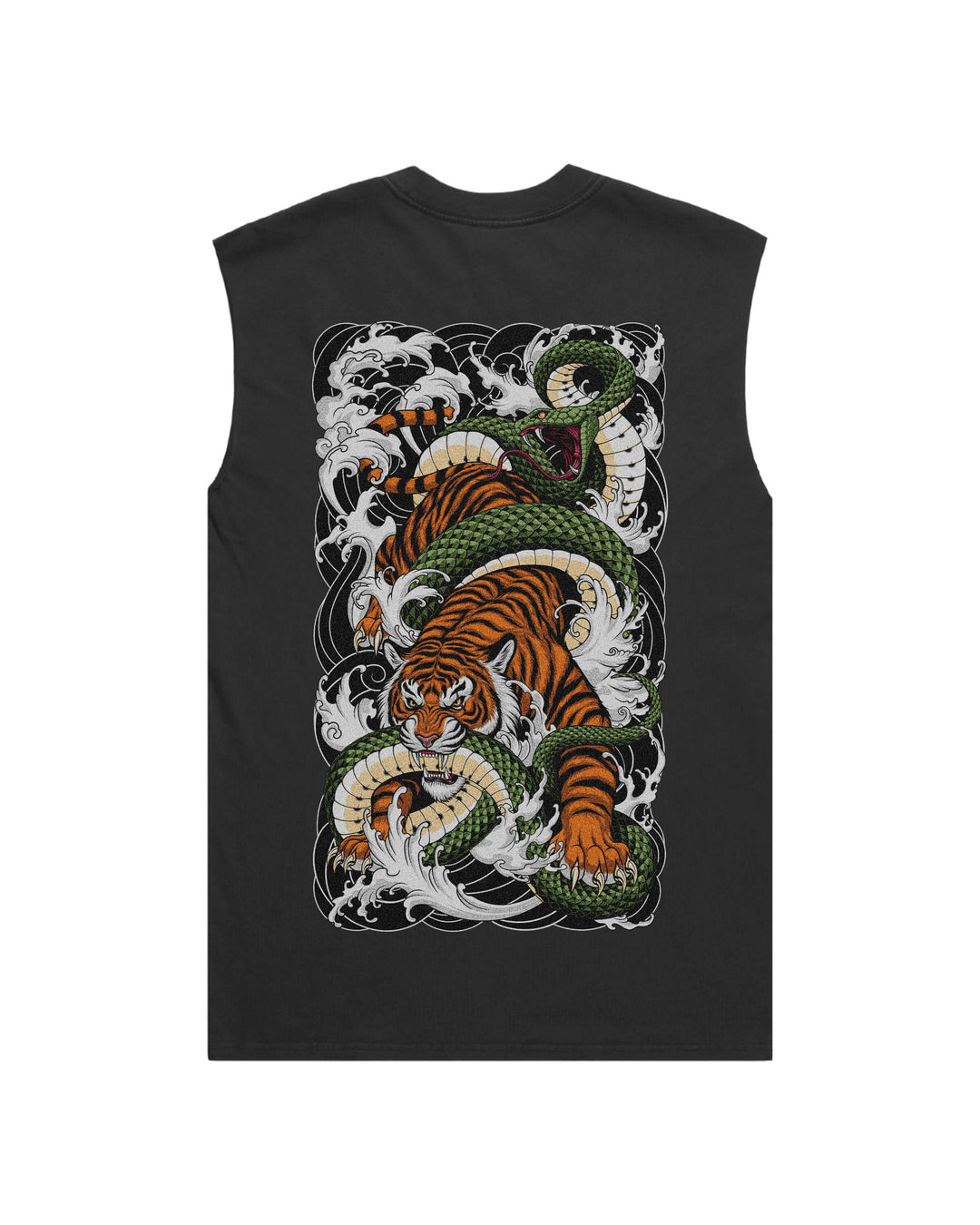 Faded black tank top with fierce tiger battling venomous snake print