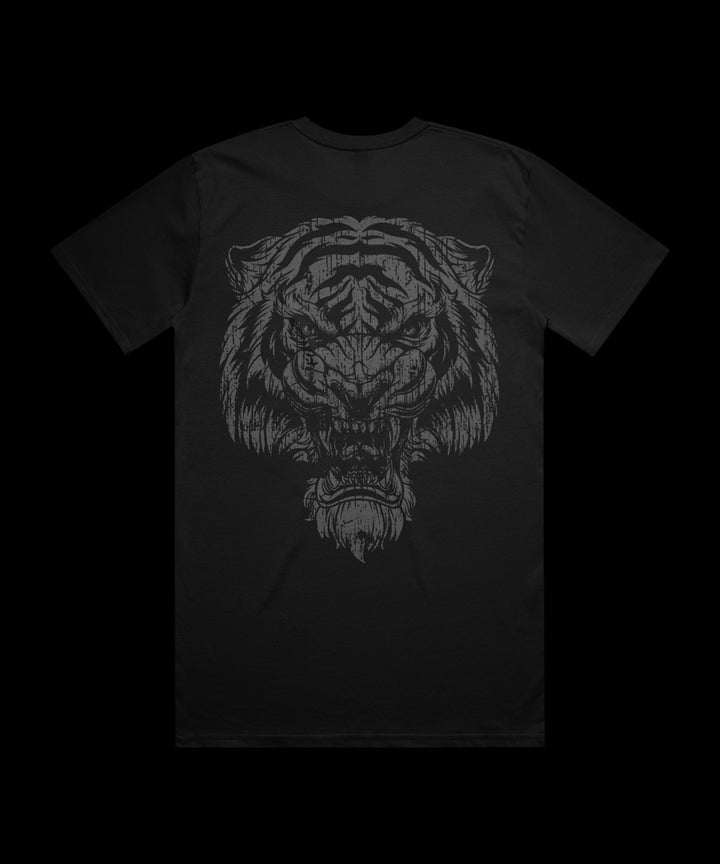 Black t-shirt with a large back graphic of a tiger's face on a black background