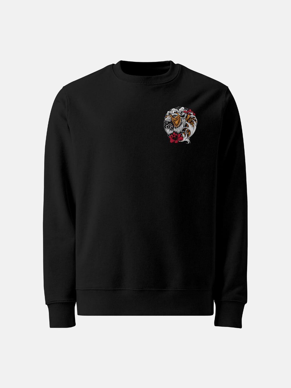 Small left chest print of roaring tiger and red flower in Japanese tattoo art style on black sweatshirt