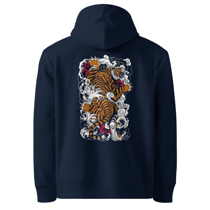 French Navy Tiger's Ascent Graphic Hoodie showcasing a back print of a climbing tiger with Japanese tattoo art-inspired details