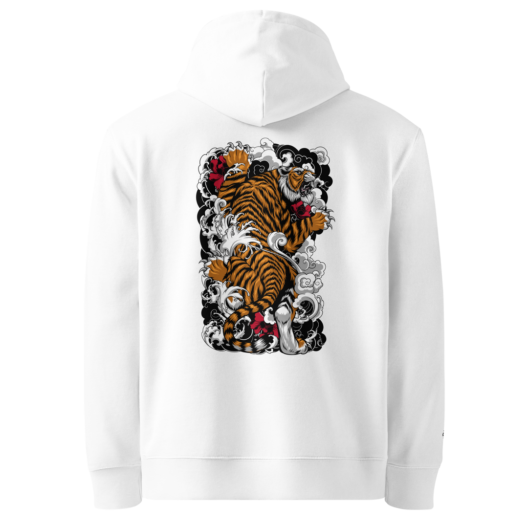 White Tiger's Ascent Graphic Hoodie with a bold back print of a climbing tiger and floral Irezumi-style patterns