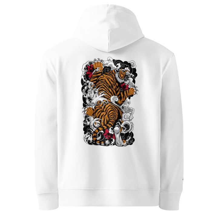 White Tiger's Ascent Graphic Hoodie with a bold back print of a climbing tiger and floral Irezumi-style patterns