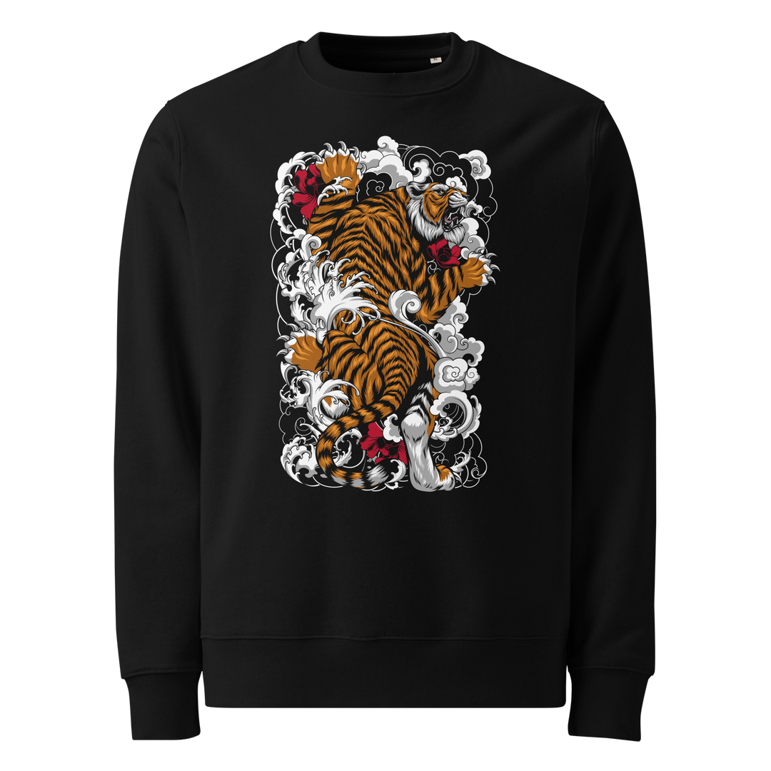 Black Tiger’s Ascent Graphic Sweatshirt featuring a bold front print of a climbing tiger surrounded by Irezumi motifs, inspired by Japanese streetwear