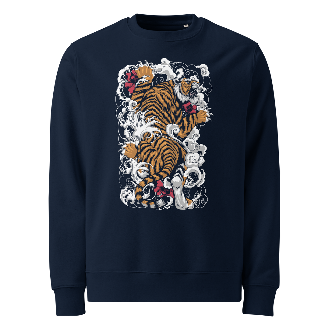 French Navy Tiger’s Ascent Graphic Sweatshirt with a climbing tiger design, blending Japanese tattoo art with modern streetwear style