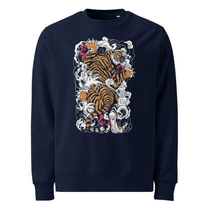 French Navy Tiger’s Ascent Graphic Sweatshirt with a climbing tiger design, blending Japanese tattoo art with modern streetwear style