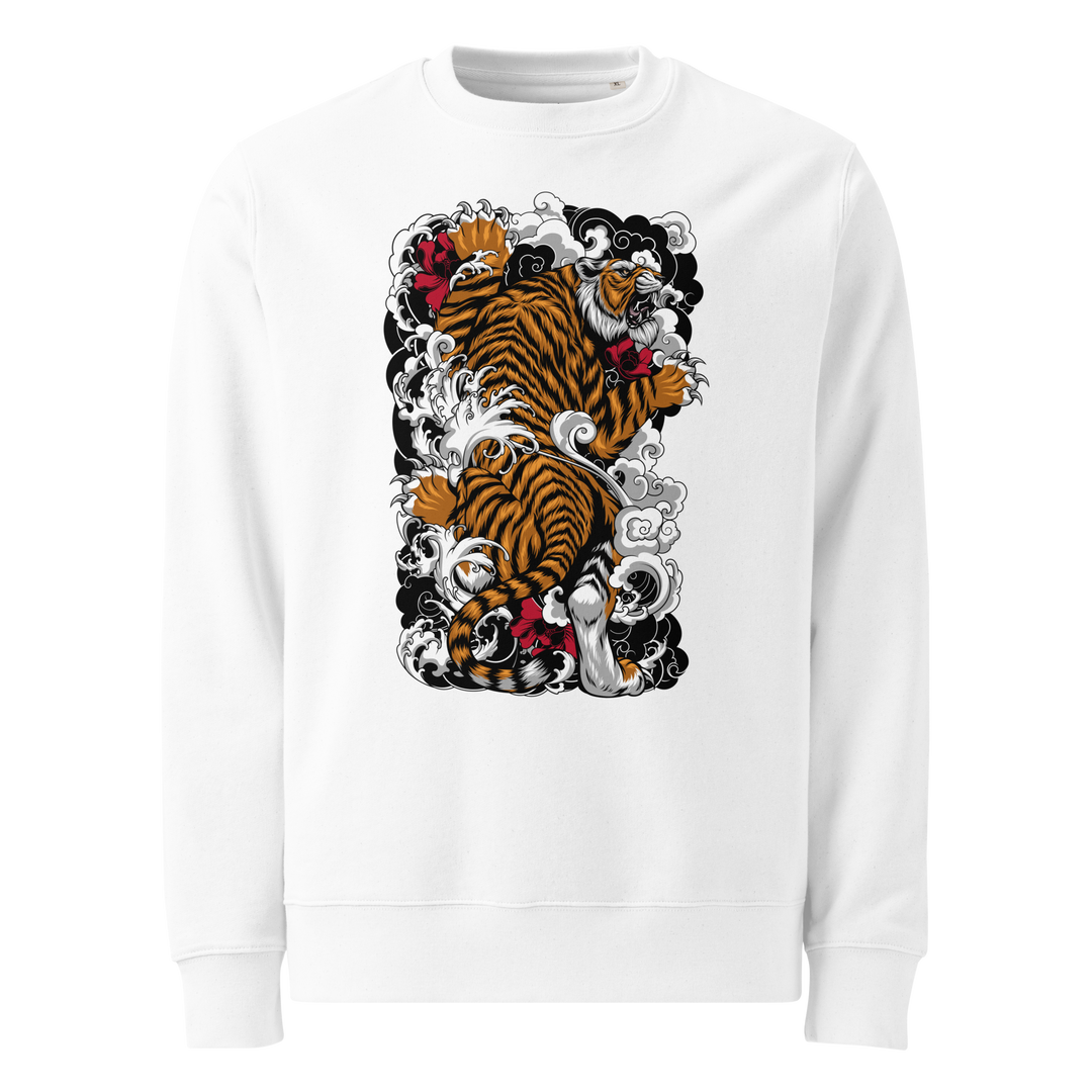 White Tiger’s Ascent Graphic Sweatshirt featuring a climbing tiger print with Japanese Irezumi-style details, perfect for streetwear fashion