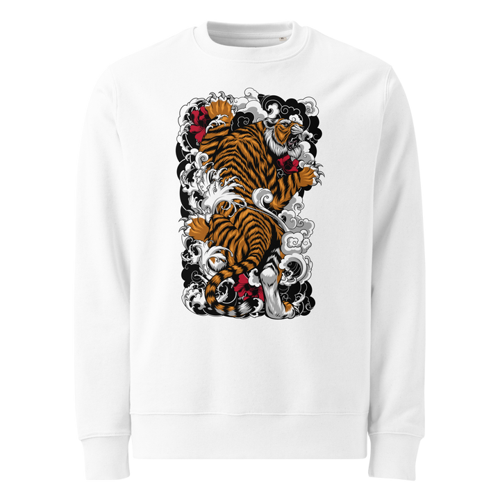 White Tiger’s Ascent Graphic Sweatshirt featuring a climbing tiger print with Japanese Irezumi-style details, perfect for streetwear fashion