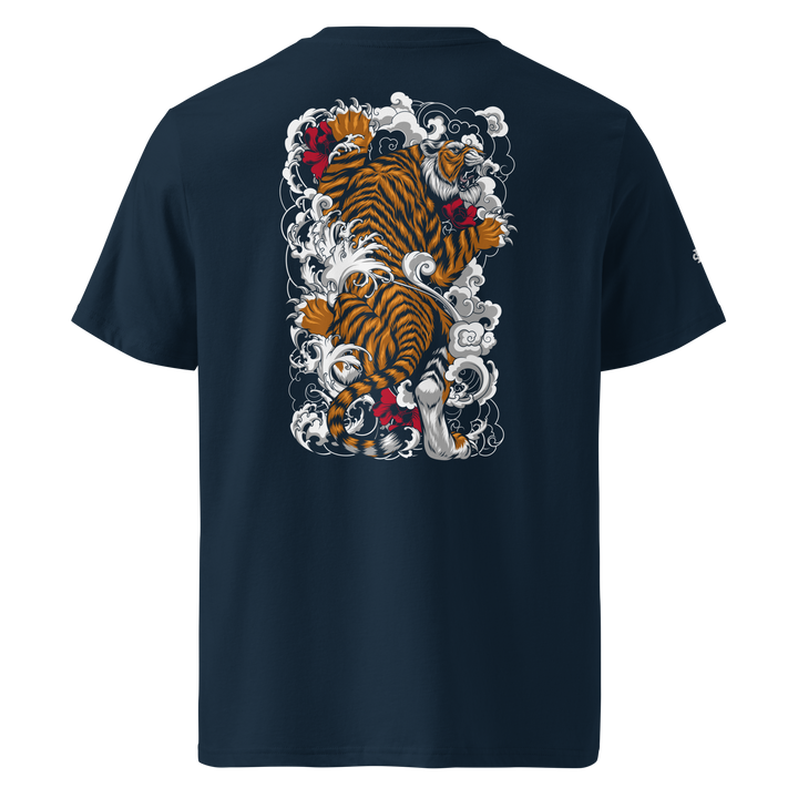 French Navy Tiger’s Ascent Graphic Tee with a detailed back print of a tiger, blending streetwear and Japanese tattoo art.