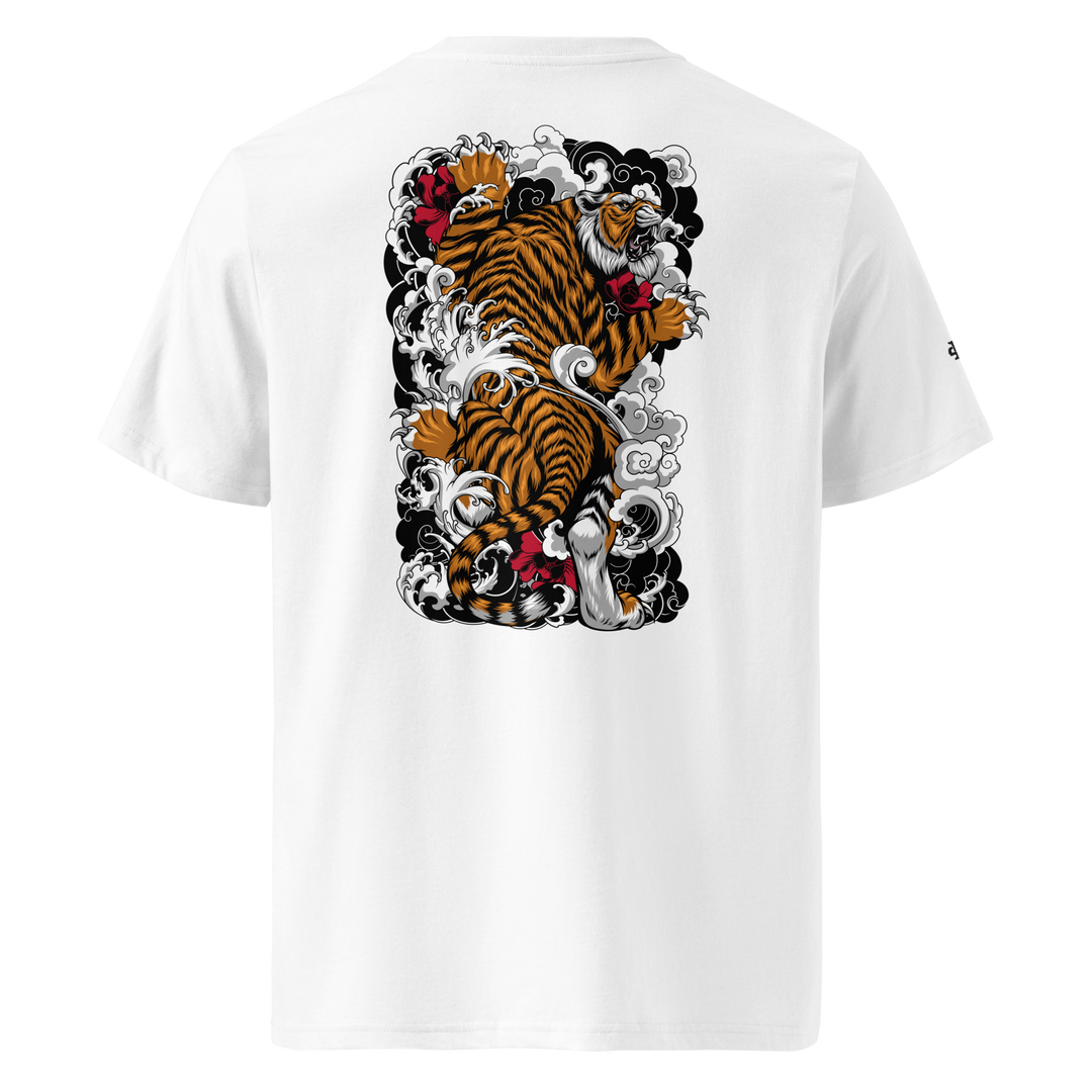 White Tiger’s Ascent Graphic Tee with a back print of a tiger in motion, inspired by Japanese streetwear and Irezumi art.