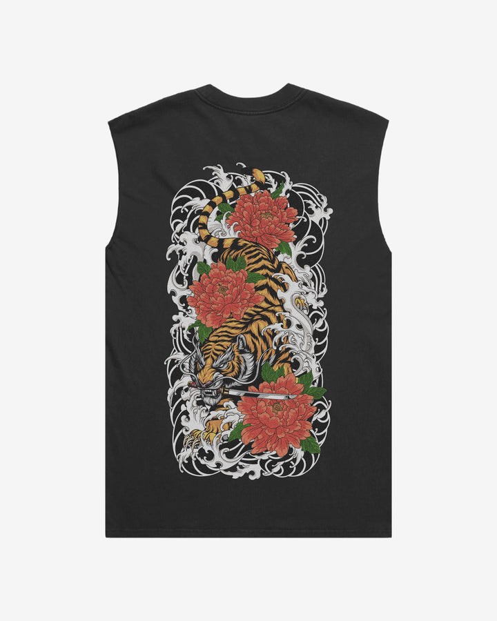 Irezumi Tiger Faded Oversized Graphic Tank Top With Large Tattoo Inspired Graphic Print