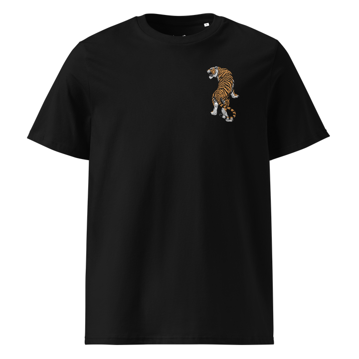 Black Tiger’s Strokes Graphic Tee featuring a minimalist left chest print of a tiger in bold orange strokes, perfect for modern streetwear style