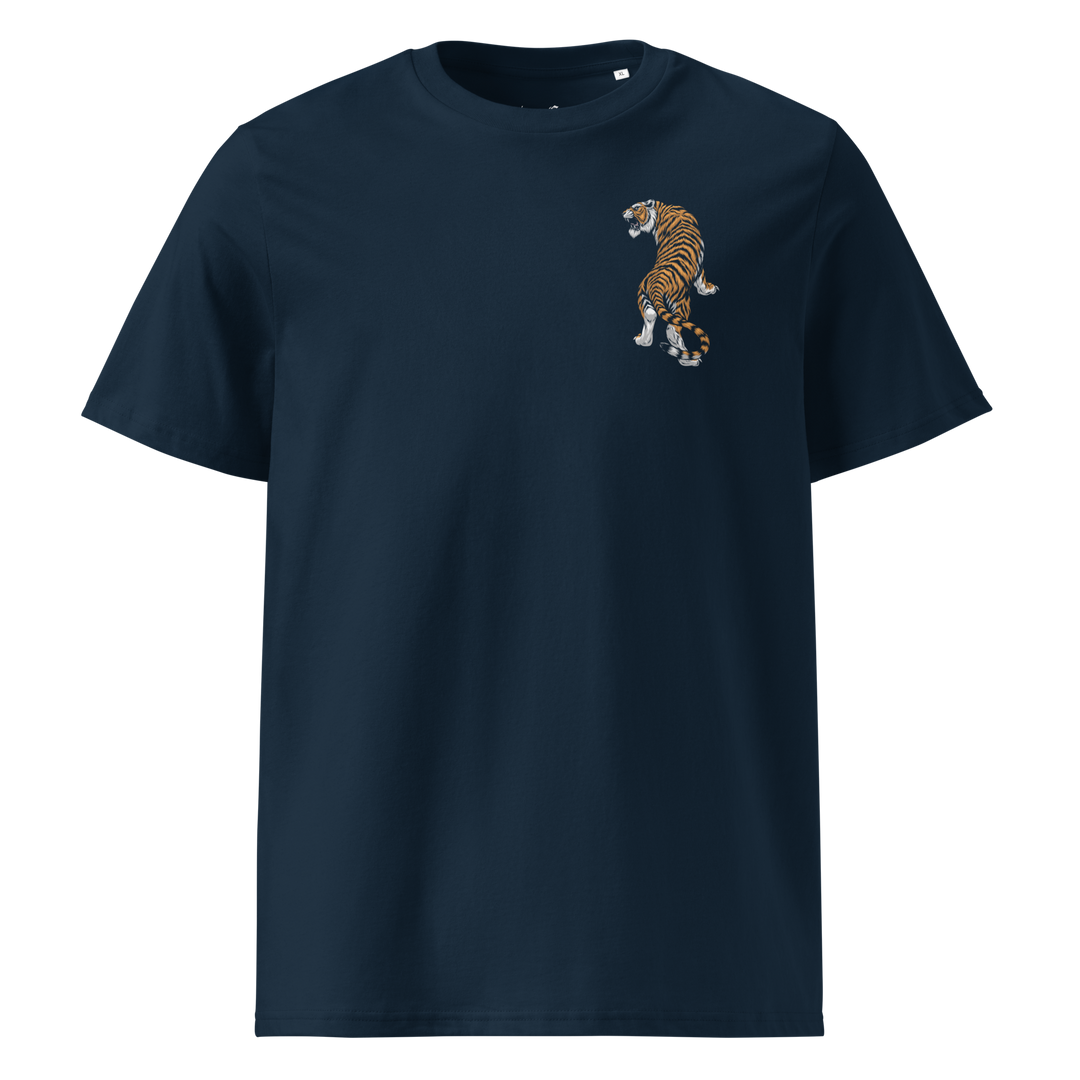 French Navy Tiger’s Strokes Graphic Tee featuring a minimalist left chest print of a tiger in bold orange strokes, combining strength and style