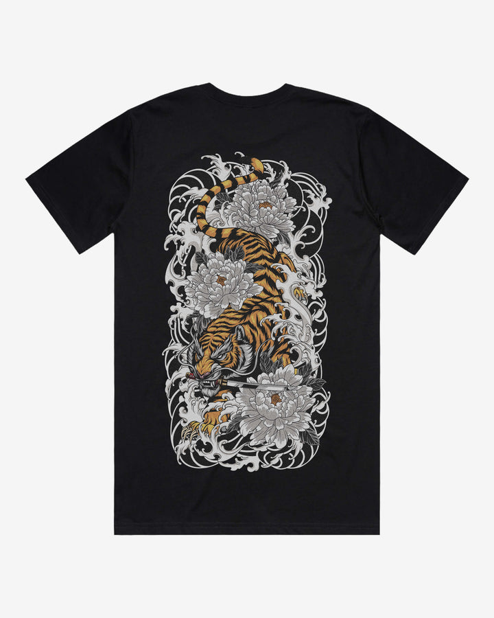 Descending Tiger Relaxed Fit Graphic Tee With Large Japanese Tattoo Inspired Back Print