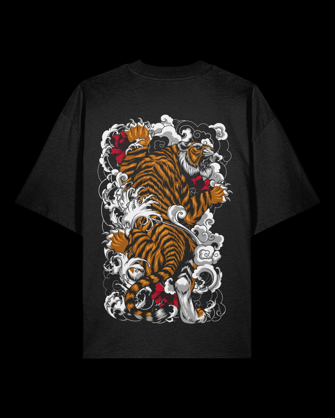 Black oversized tee featuring climbing tiger graphic large on the bac