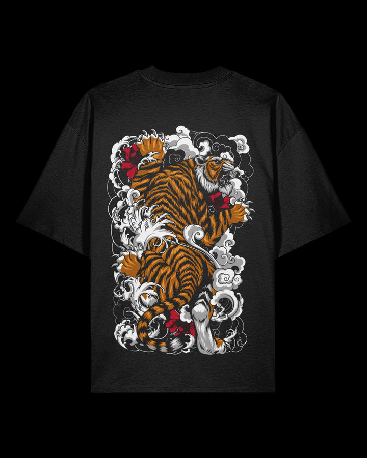 Black oversized tee featuring climbing tiger graphic large on the bac