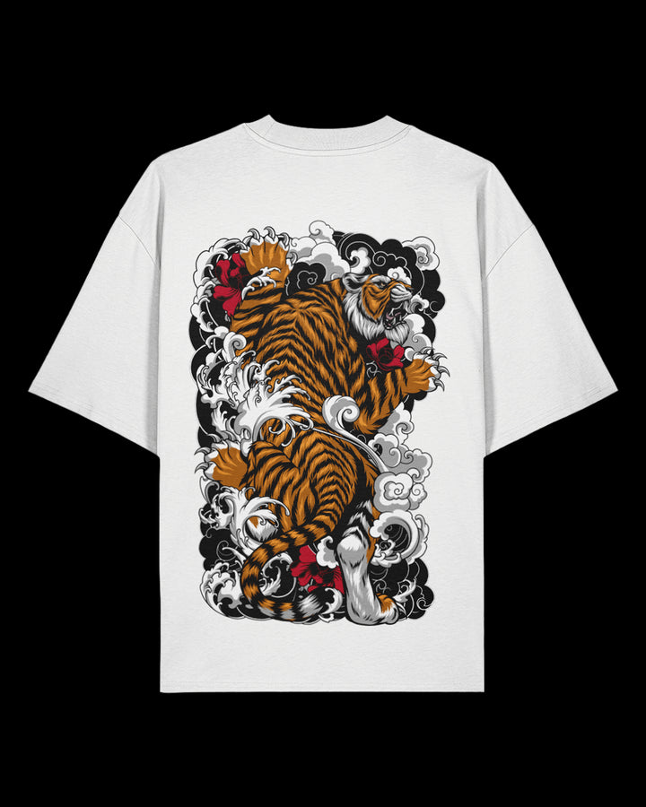 White oversized t-shirt with a tiger design on a black background