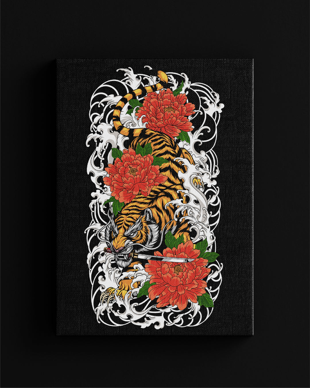 Tattoo canvas wall art design with a tiger, flowers, and white flourishes on a black background