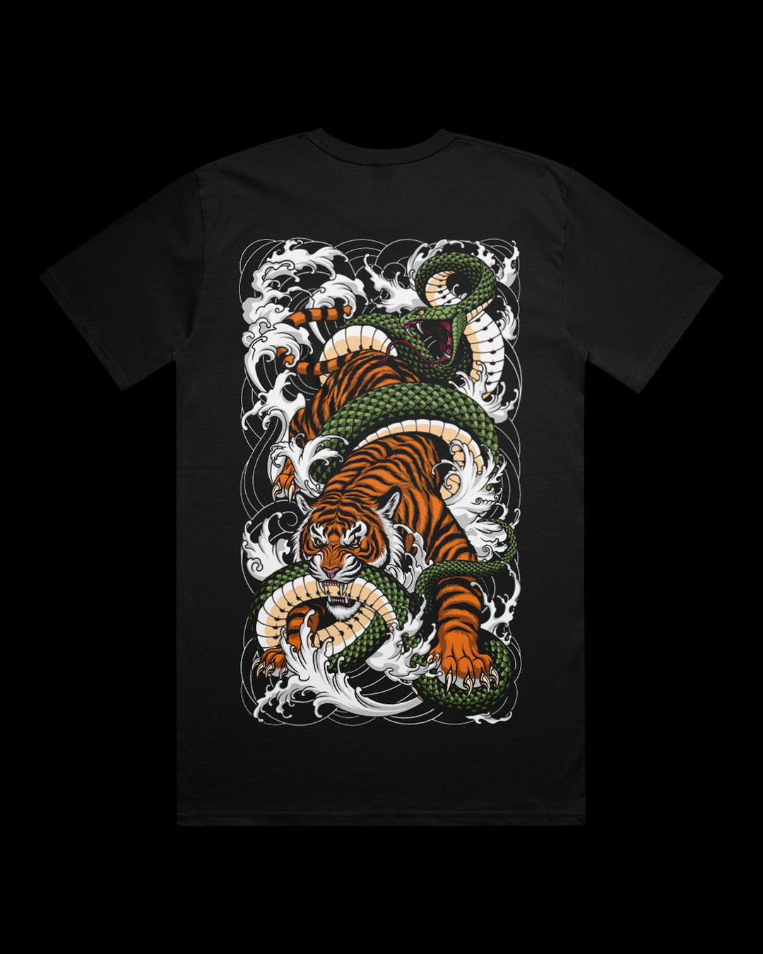 Black t-shirt with a irezumi inspired  dragon and tiger design on the back