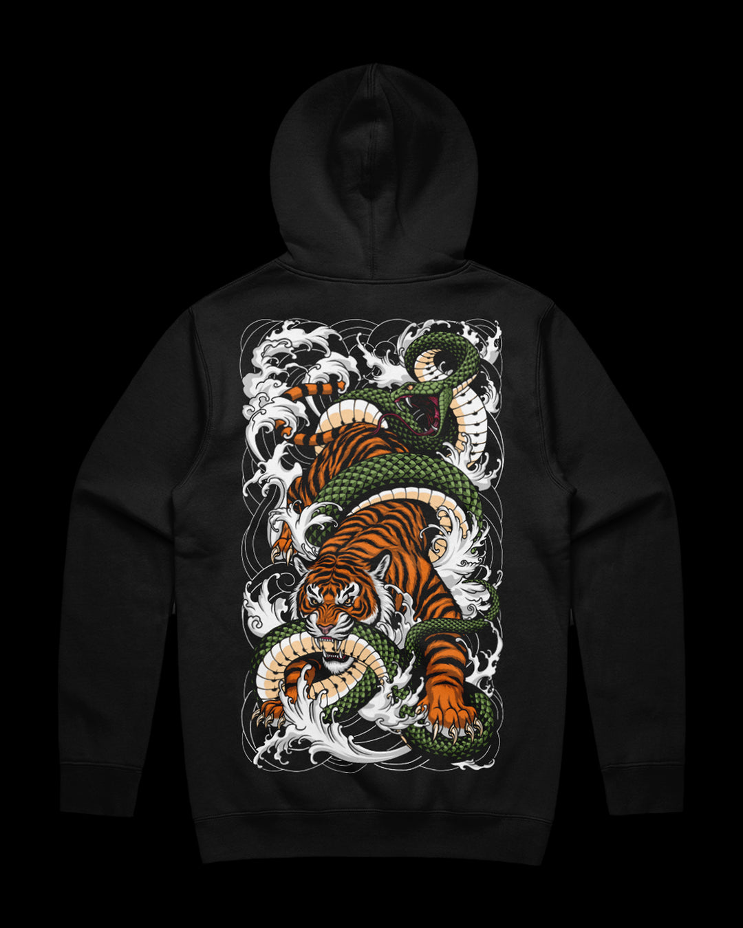 Black hoodie with a irezumi inspired  dragon and tiger design on the back