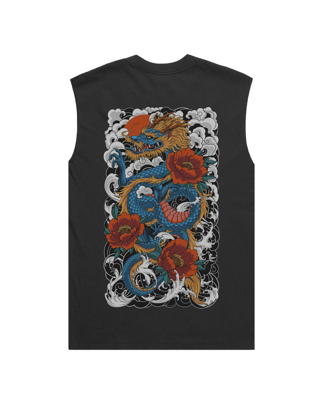 Traditional Dragon Faded Black men’s graphic tank top features original in-house artwork inspired by Irezumi. The design combines dragon, flowers and clouds, drawing from Japanese tattoo art, folklore and traditional illustration.