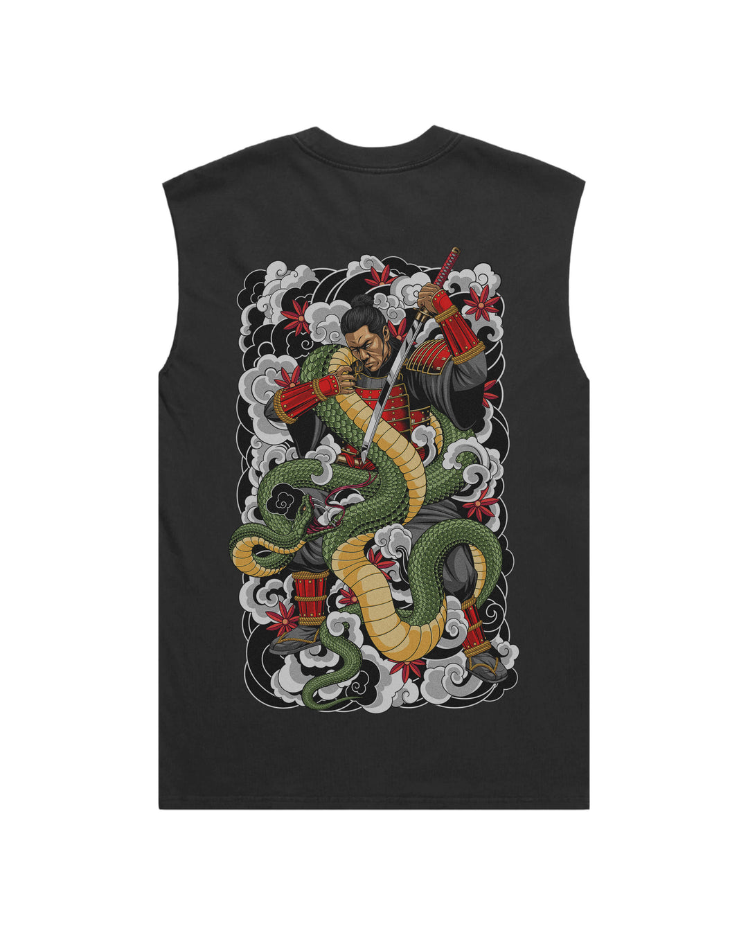 Faded Black Traditional Samurai men’s graphic tank top features original in-house artwork inspired by Irezumi. The design combines samurai, snake and clouds, drawing from Japanese tattoo art, folklore and traditional illustration.
