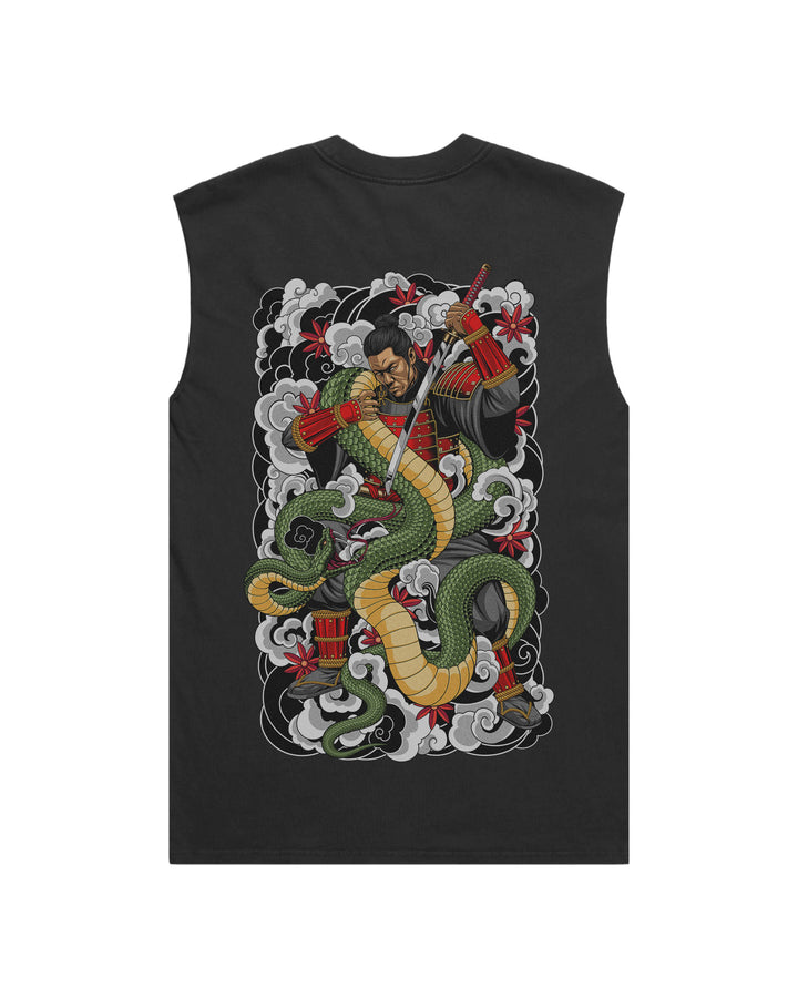 Faded Black Traditional Samurai men’s graphic tank top features original in-house artwork inspired by Irezumi. The design combines samurai, snake and clouds, drawing from Japanese tattoo art, folklore and traditional illustration.