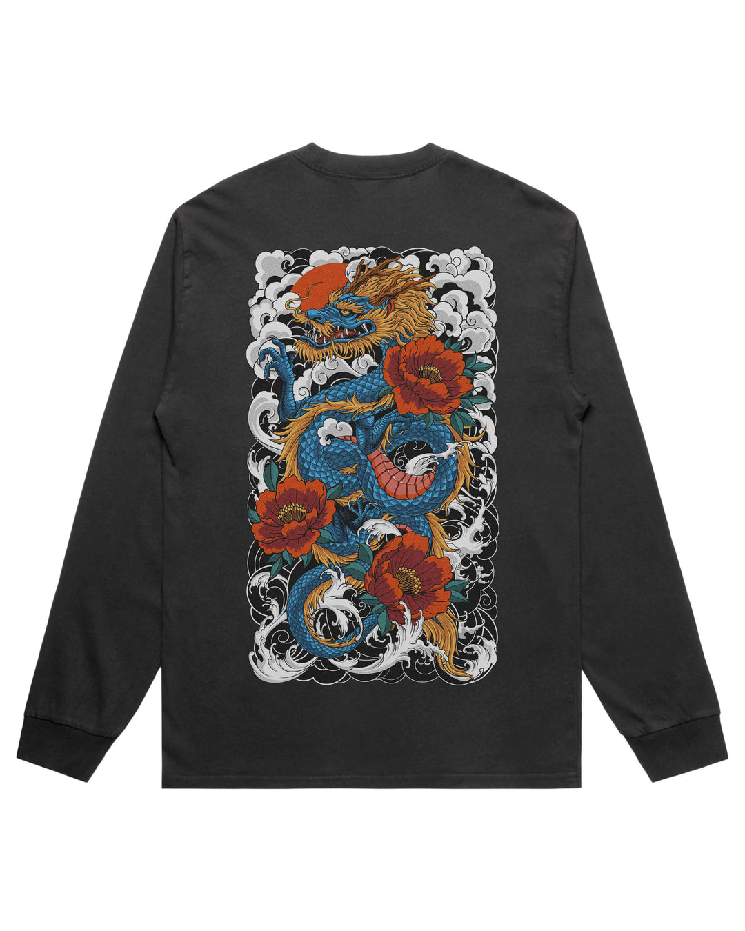 Men's Traditional Dragon long sleeve graphic T-shirt features original in-house artwork inspired by Irezumi Artistry.