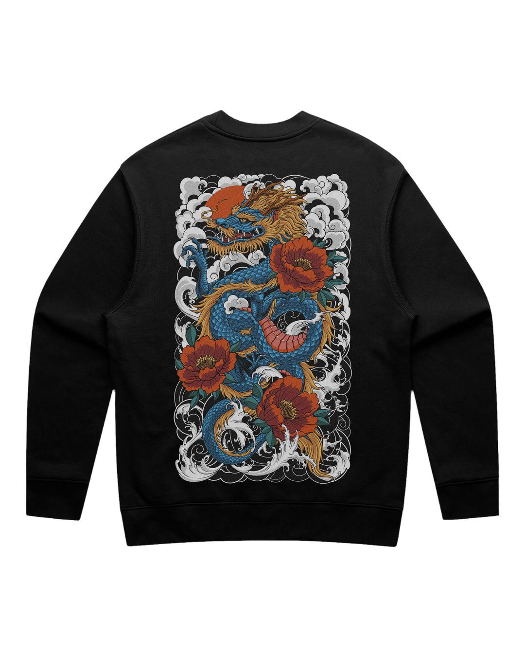 Black sweatshirt with a colorful dragon and floral design on a white background