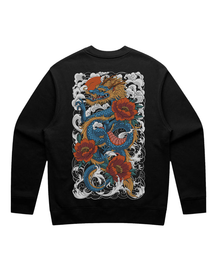 Black sweatshirt with a colorful dragon and floral design on a white background