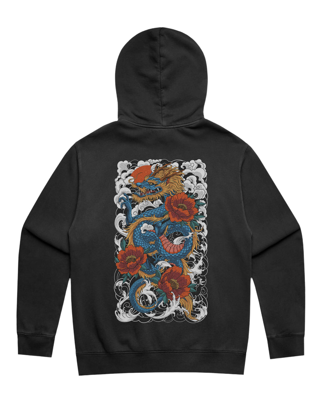 Faded black hoodie with in-house created large traditional dragon artwork