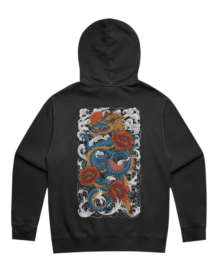 Faded black hoodie with in-house created large traditional dragon artwork