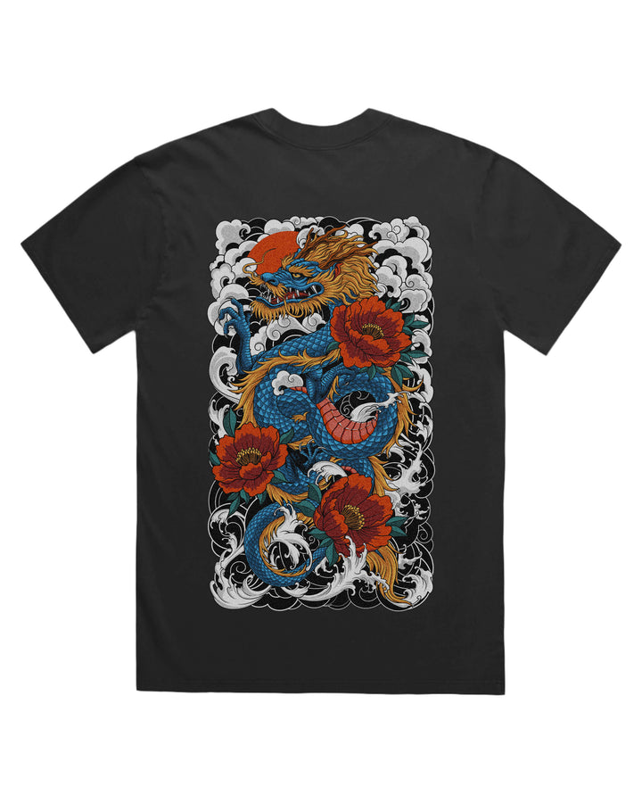 Faded black t-shirt with large traditional irezumi dragon back print