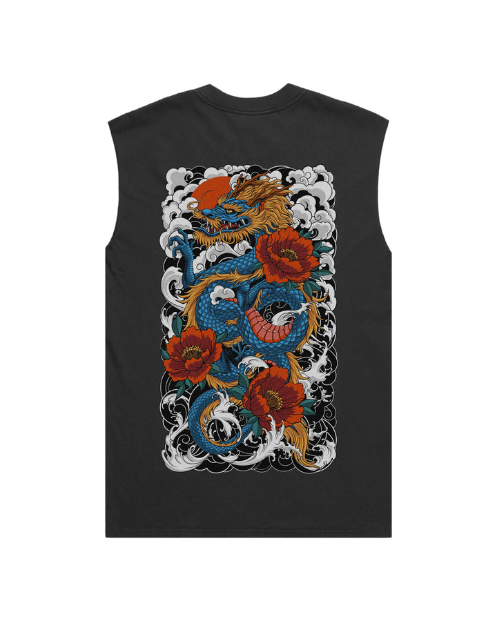 Faded black tank top with original in-house large traditional dragon print
