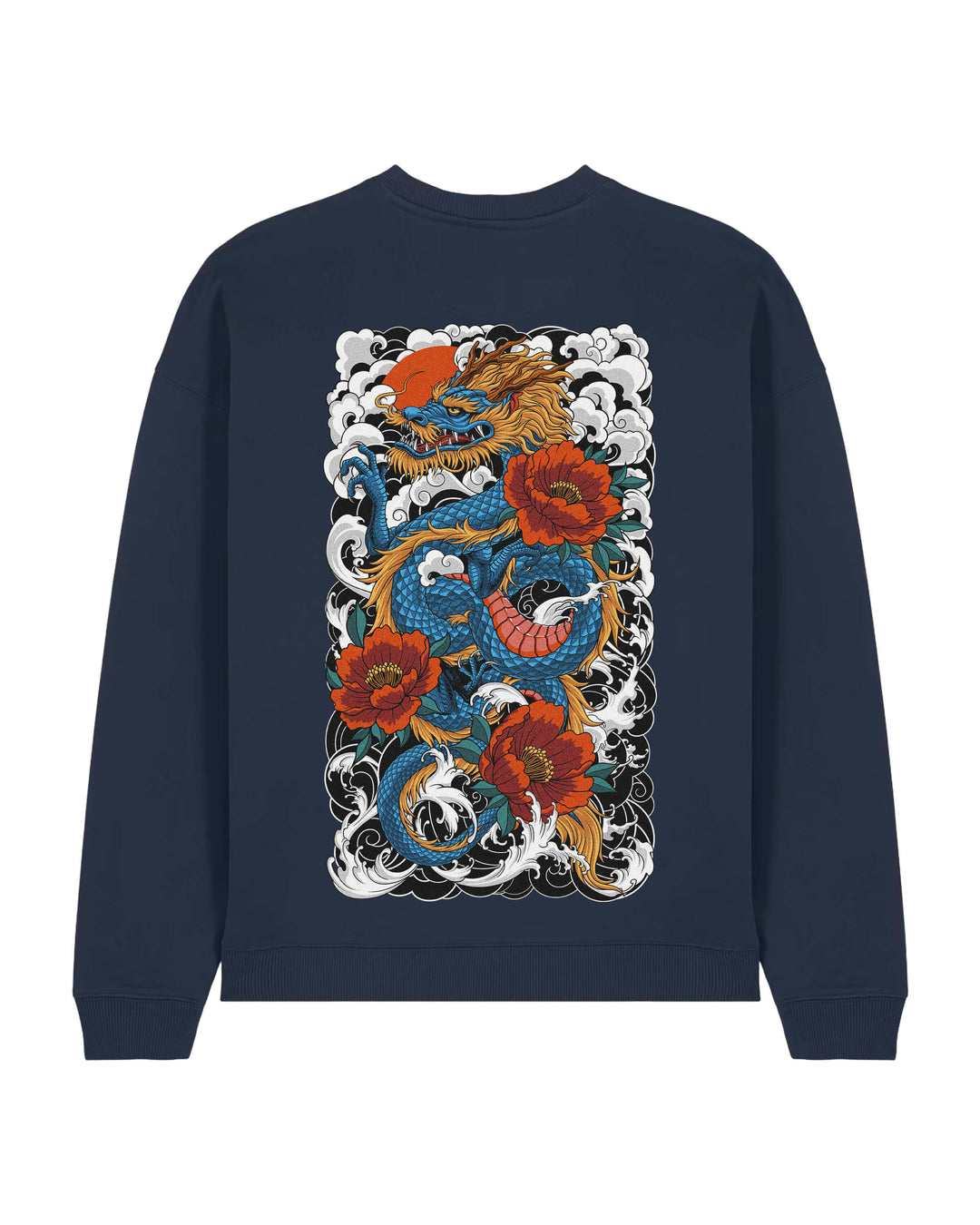 Oversized crewneck sweatshirt, Traditional Dragon print - French Navy