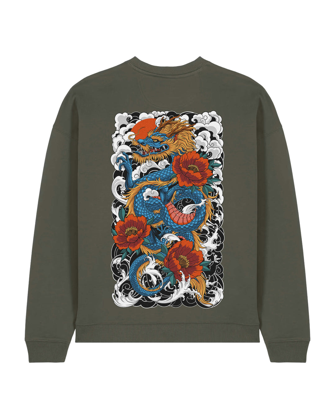 Oversized crewneck sweatshirt, Traditional Dragon print - Khaki