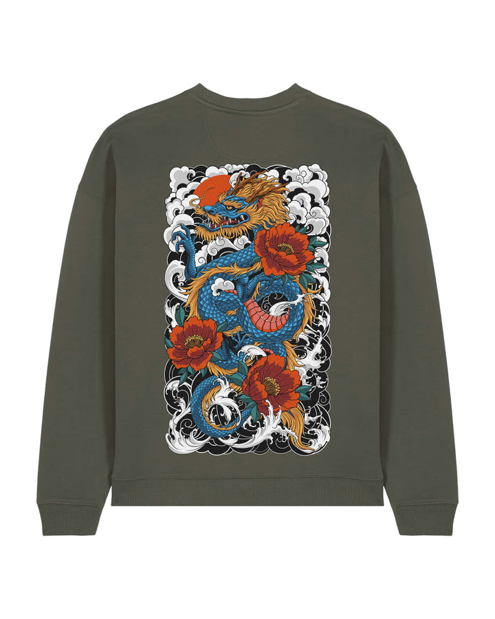 Oversized crewneck sweatshirt, Traditional Dragon print - Khaki