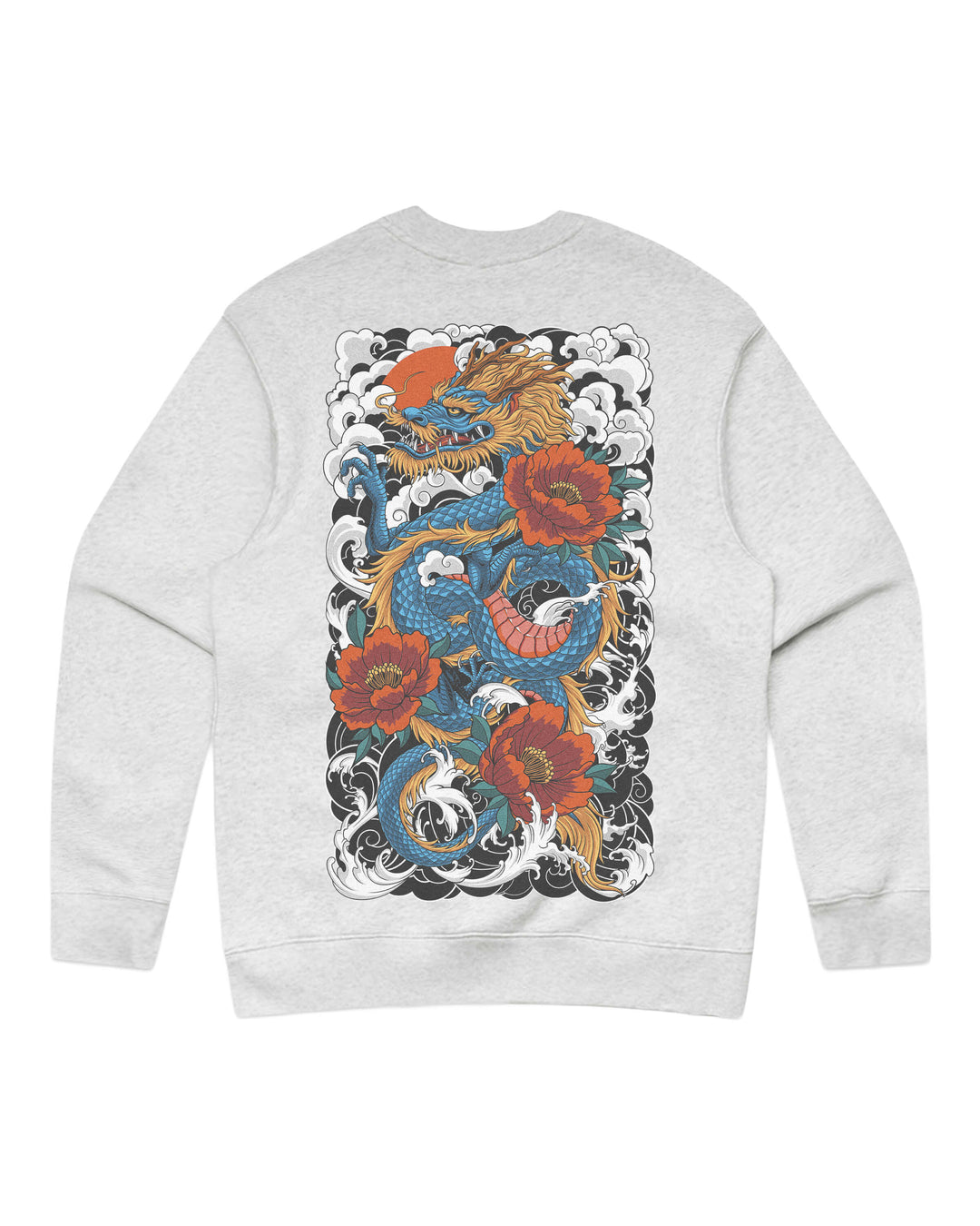 White heather graphic sweatshirt featuring original in-house traditional dragon artwork inspired by&amp;nbsp;irezumi, Japanese tattoo composition and traditional illustration.