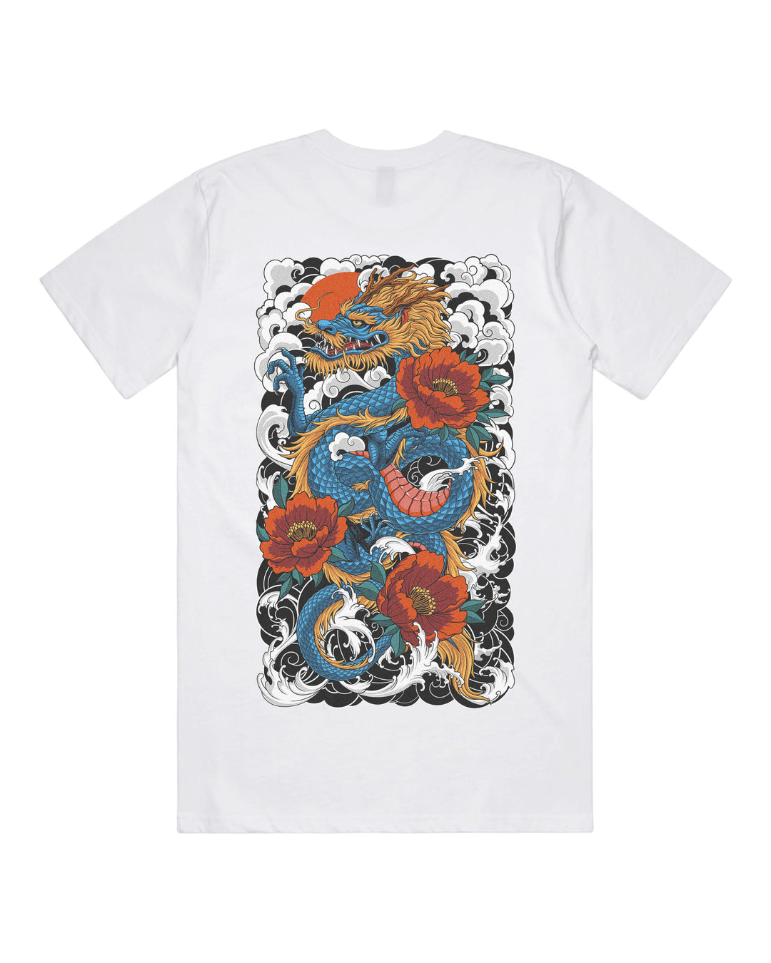 White graphic t-shirt with large traditional dragon back print