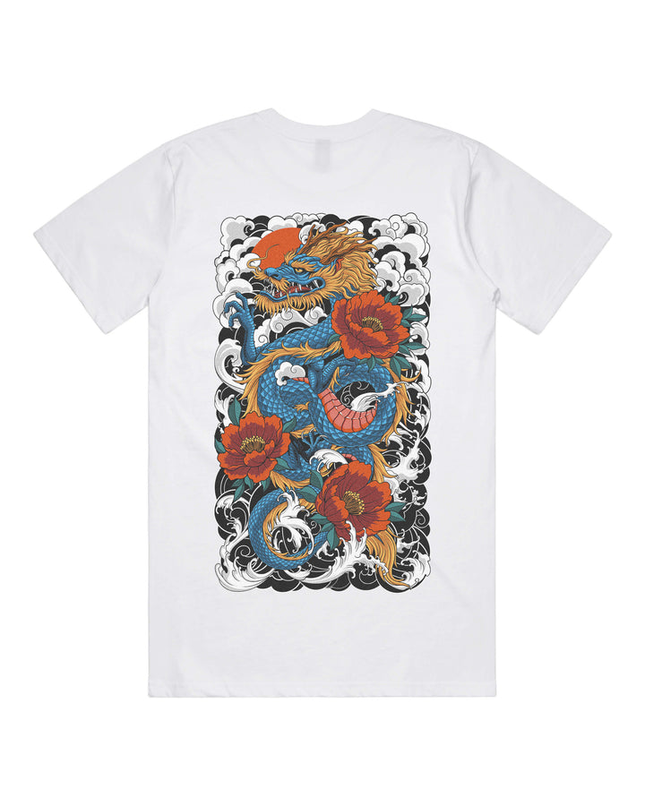 White graphic t-shirt with large traditional dragon back print