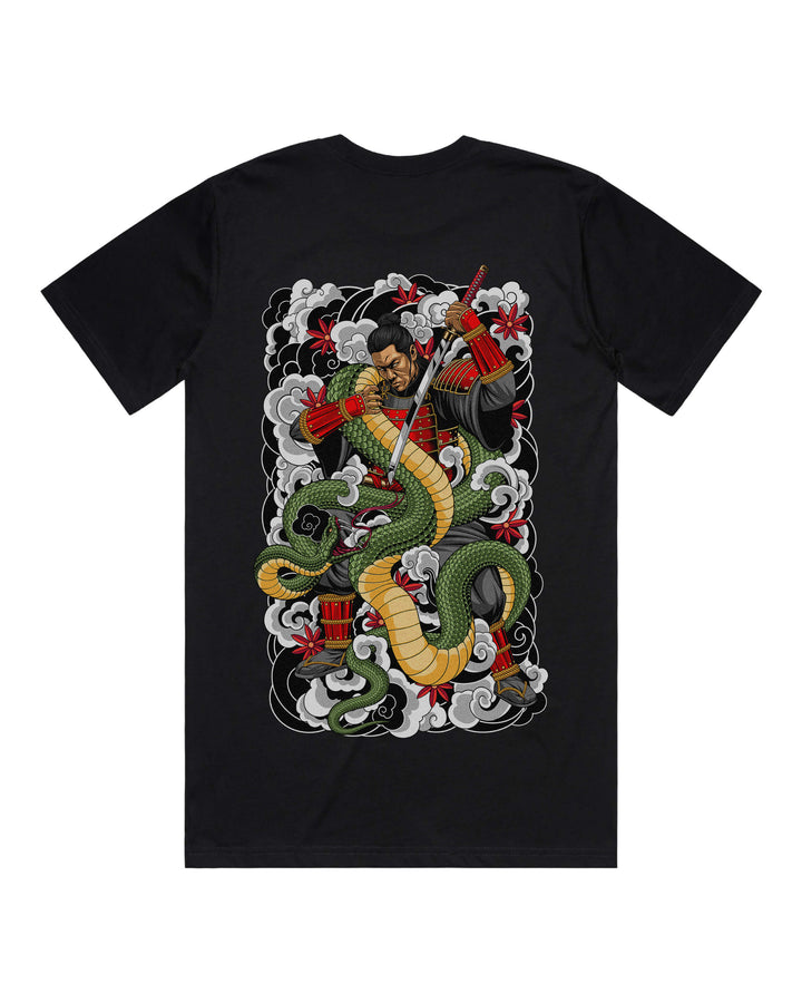 Black Graphic T-Shirt with large samurai battling snake back print
