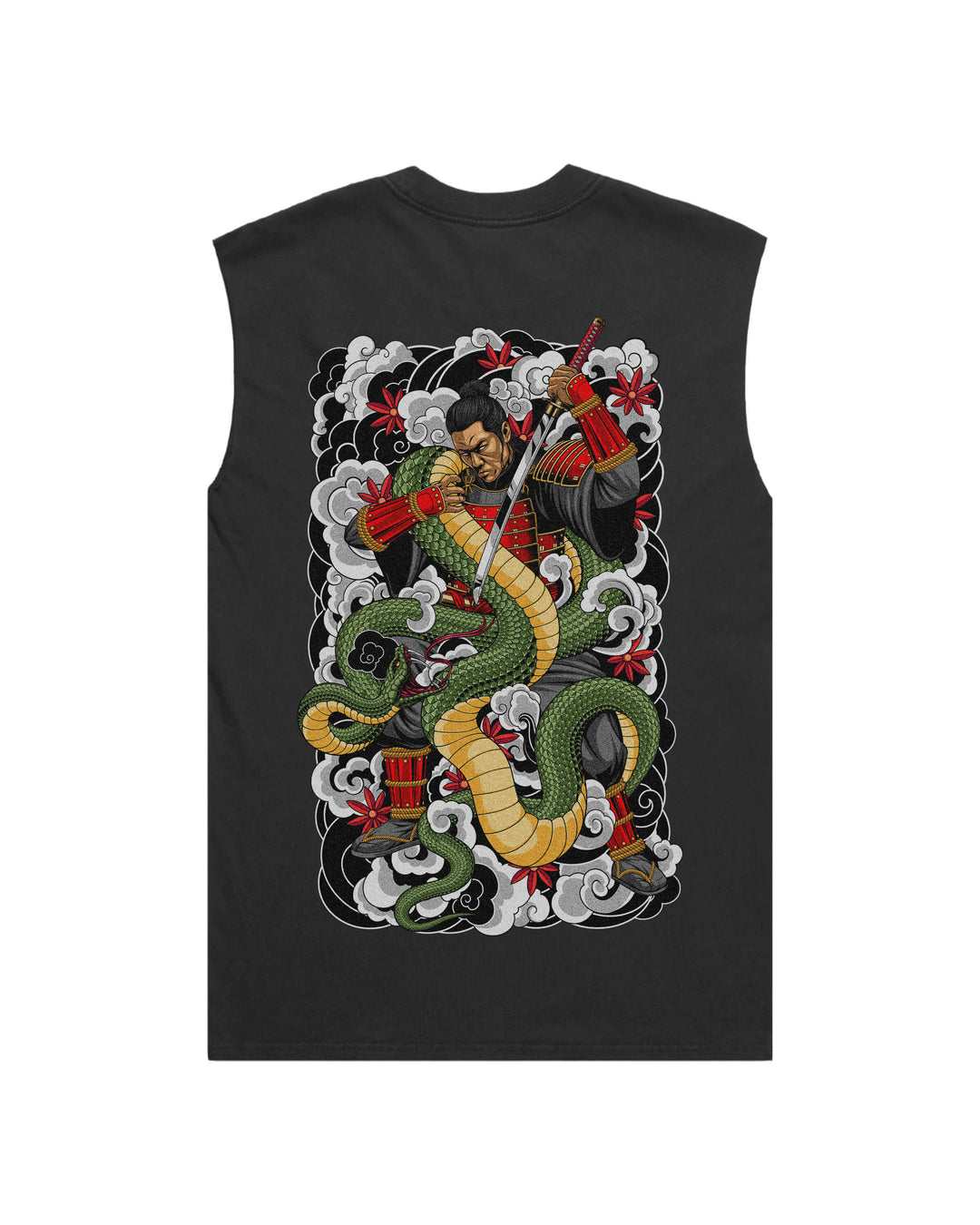 Faded black tank top with irezumi inspired samurai fighting a large serpent