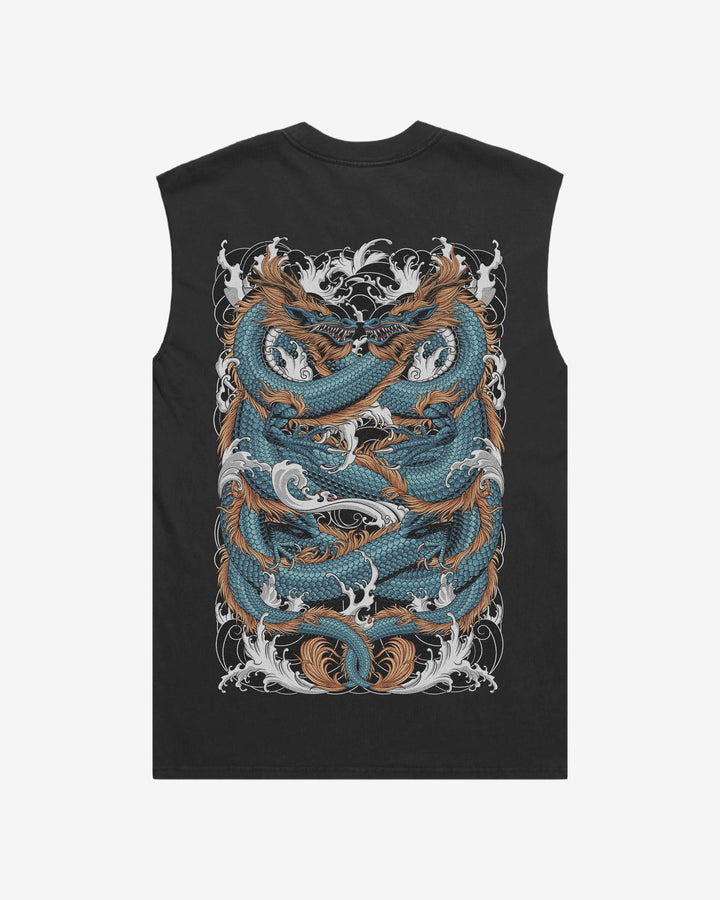 Blue Double Dragon Faded Oversized Graphic Tank Top With Large Tattoo Inspired Graphic Print