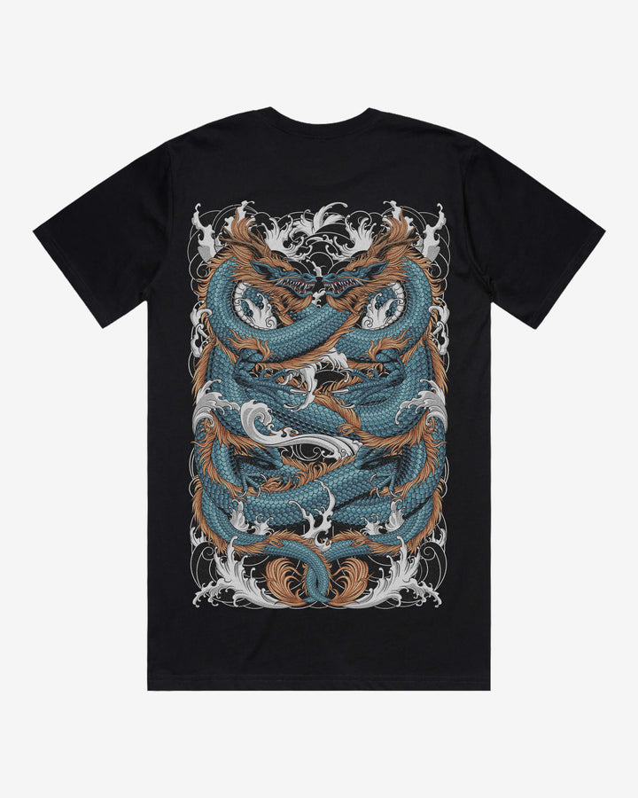 Blue Double Dragon Relaxed Fit Graphic Tee With Large Japanese Tattoo Inspired Back Print