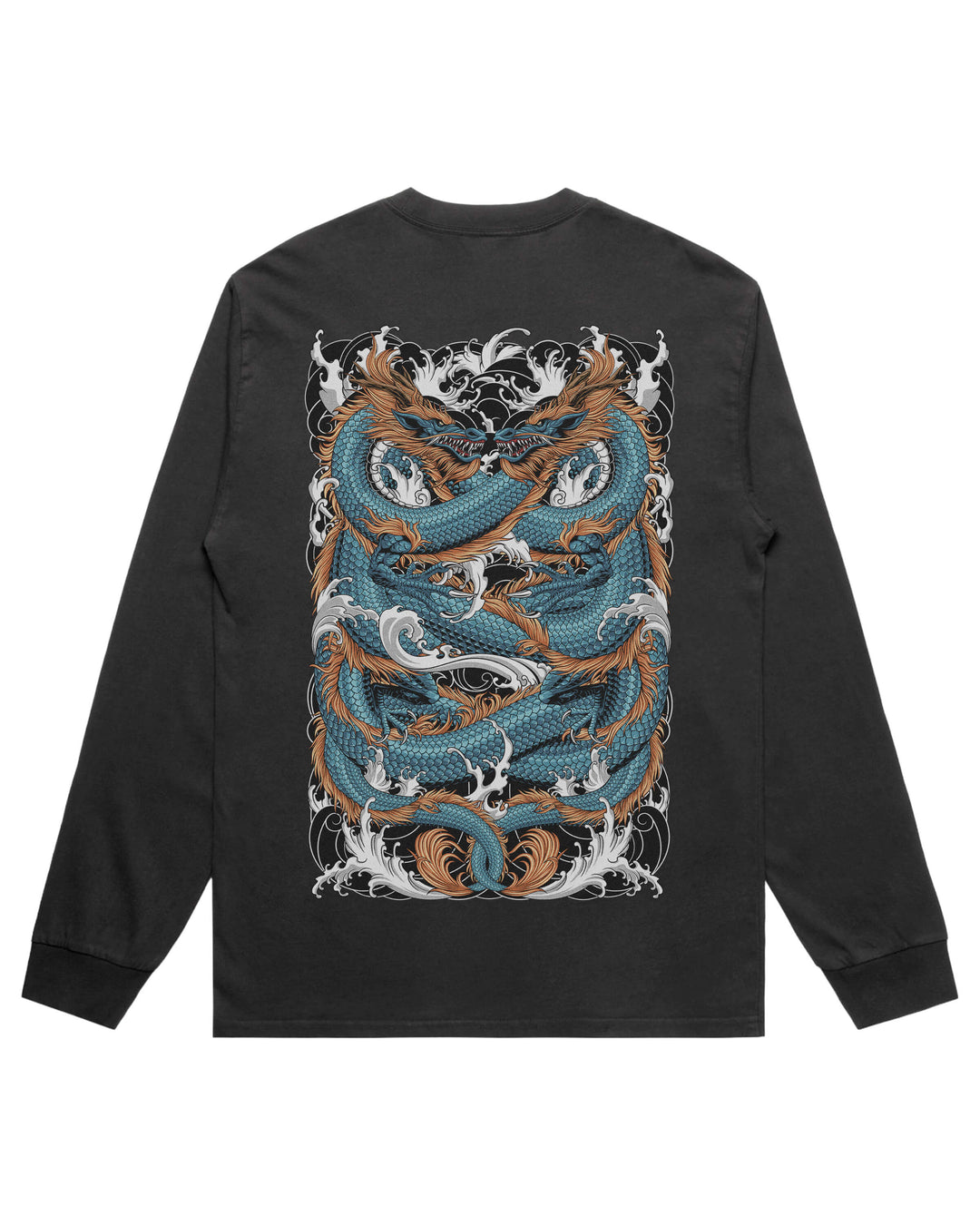 Men's Twin Dragon long sleeve graphic T-shirt features original in-house artwork inspired by Irezumi Artistry