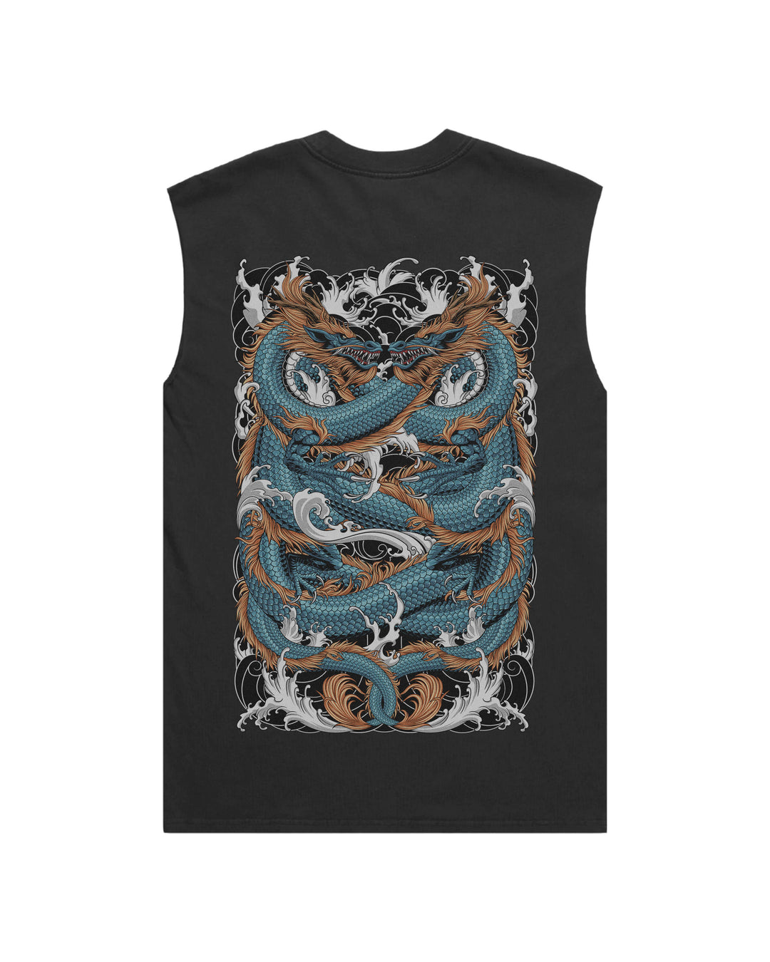 Twin Dragon Faded black men’s graphic tank top features original in-house artwork inspired by Irezumi. The design combines dragons and waves, drawing from Japanese tattoo art, folklore and traditional illustration.